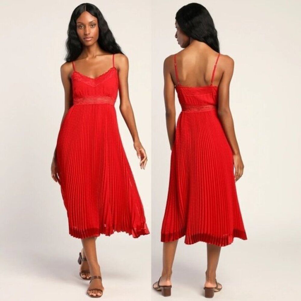 Lulu;s Women Red Lace Pleated Midi Dress‎